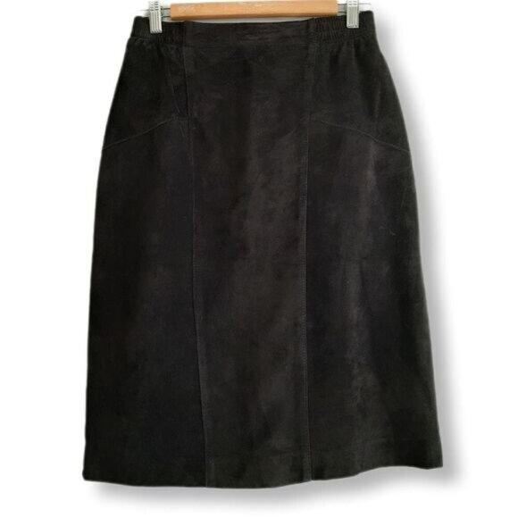 BIANCA 100% Genuine Suede Leather Pencil Knee Length Skirt Black Sz M - Picture 1 of 14